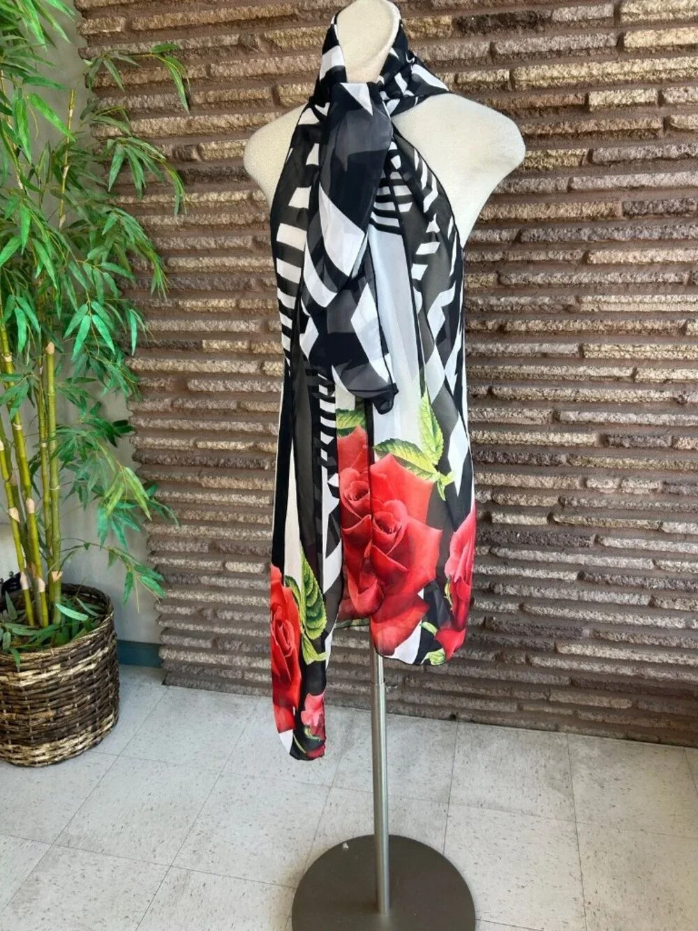 Sheer Chiffon Wrap Black White Zebra Stripes Red Rose Floral Open Drape